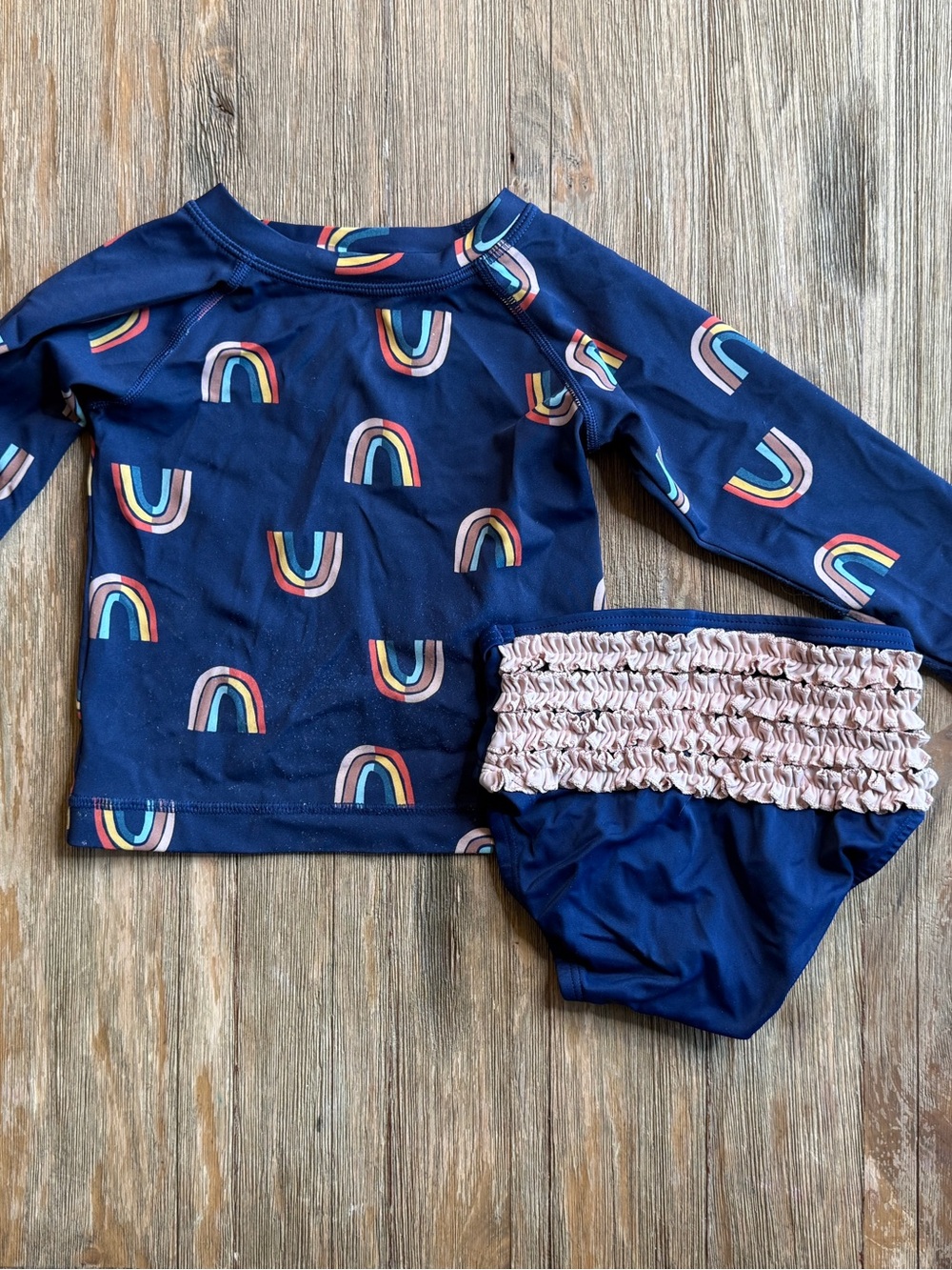 Hanna Andersson Navy Rainbow Rash Guard Set Pink Ruffle Bottoms 2t *read below*